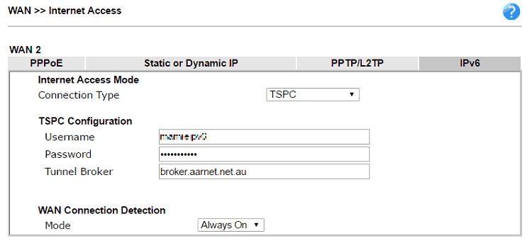 a screenshot of IPv6 TSPC Setup on DrayOS